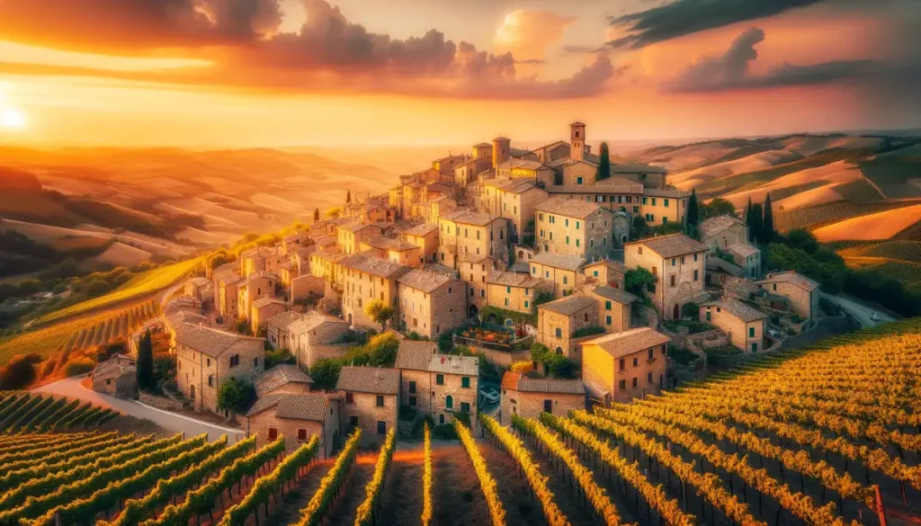 Veduta di Castel Giuliano al tramonto, borgo laziale in provincia di Roma
